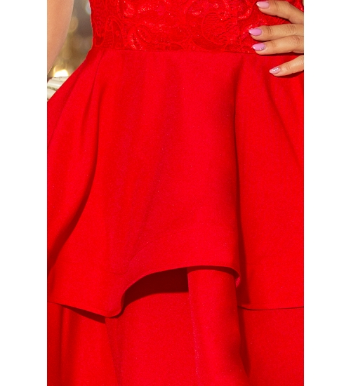 205-1 LAURA podwójnie rozkloszowana sukienka z koronkową górą - CZERWONA
